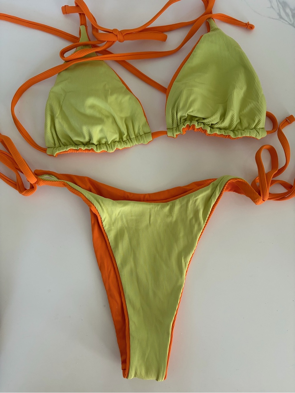 Two-Tone Lime and Orange Ribbed Triangle Bikini